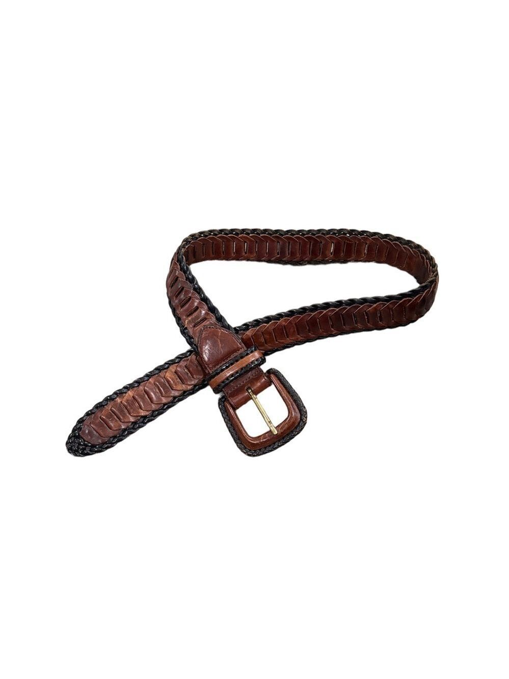 Leather belt size M. Brown and black braided. Unisex covered buckle